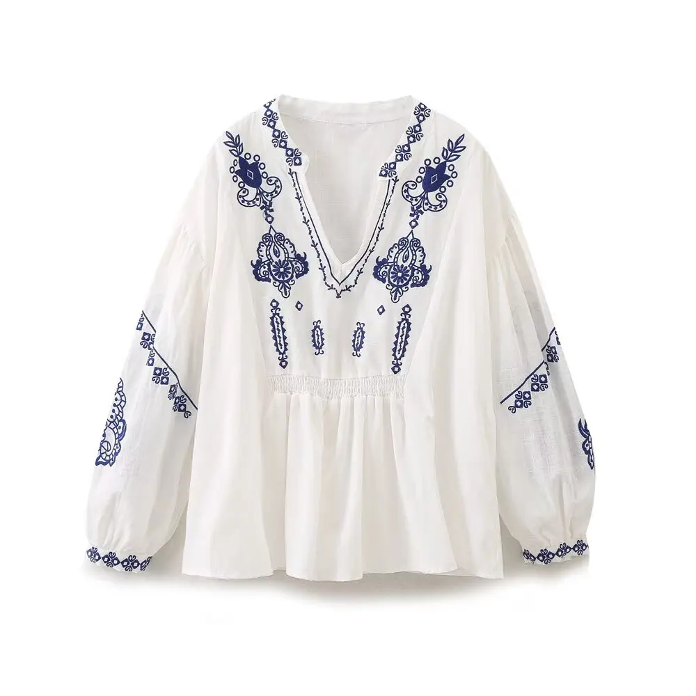 Women's new fashion casual versatile hollow embroidery pleated shirt retro V-neck long sleeved women's shirt chic top
Women's new fashion casual versatile hollow embroidery pleated shirt retro V-neck long sleeved women's shirt chic top