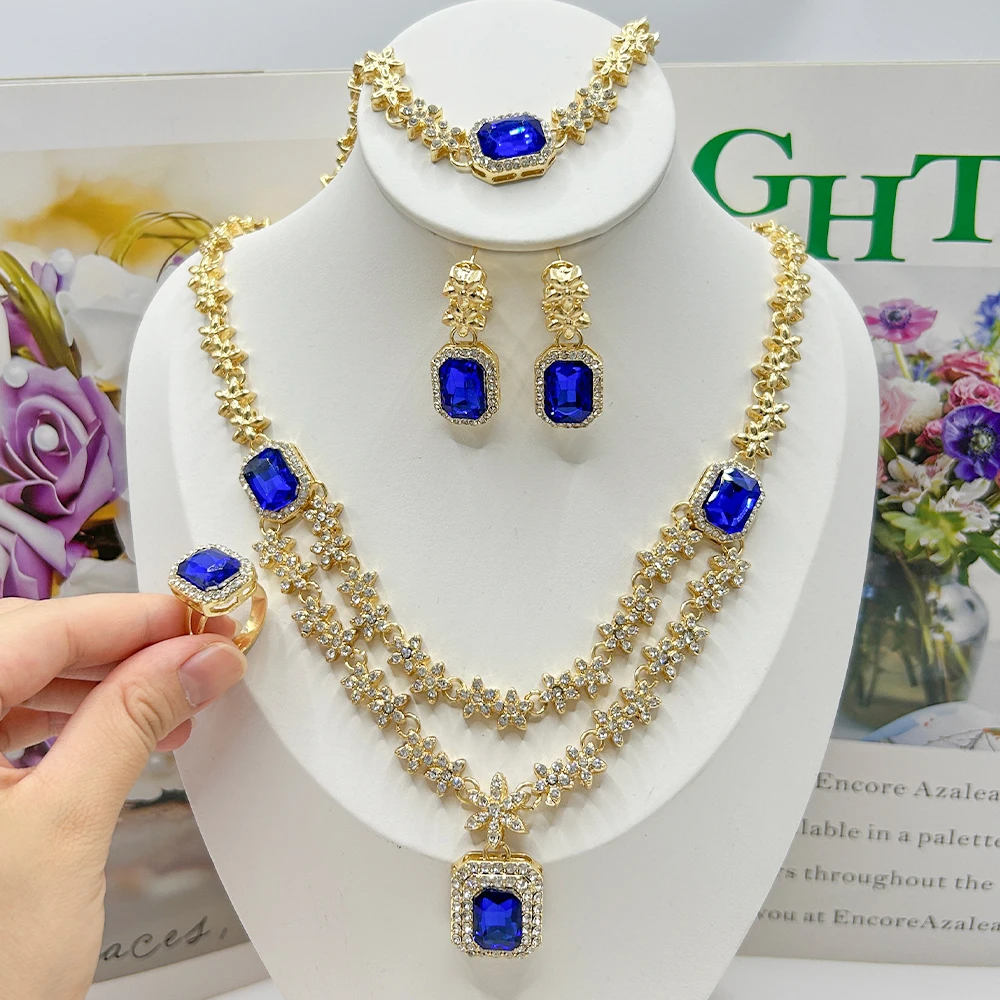 Fashion Blue Zircon Jewelry Set for Women Arab Luxury Gold Color Necklace Drop Earrings Bracelet Ring Set Classic Jewelry Party
Fashion Blue Zircon Jewelry Set for Women Arab Luxury Gold Color Necklace Drop Earrings Bracelet Ring Set Classic Jewelry Party