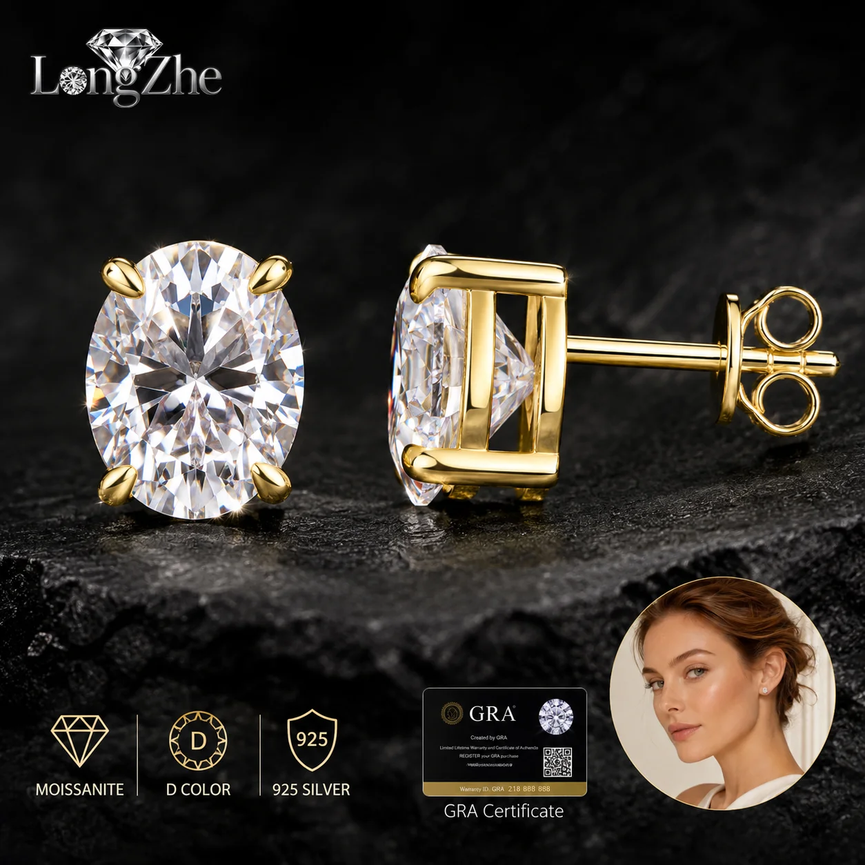 S925 Sterling Silver Moissanite Earrings Gold Color Oval Stud Earrings for Women Men GRA Certificate Wedding Fine Jewelry Gift
S925 Sterling Silver Moissanite Earrings Gold Color Oval Stud Earrings for Women Men GRA Certificate Wedding Fine Jewelry Gift