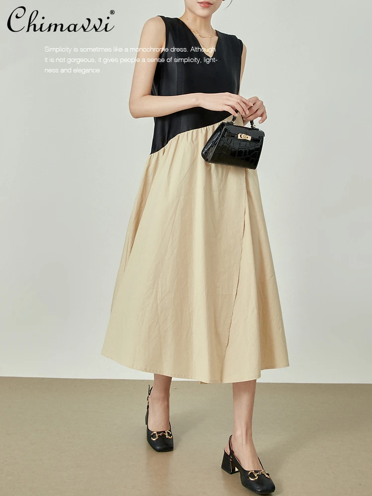 French Style Retro Color Splicing V-Neck Sleeveless Loose High Waist Split A-Line Elegant Casual Long Dress Women's Summer 2024
French Style Retro Color Splicing V-Neck Sleeveless Loose High Waist Split A-Line Elegant Casual Long Dress Women's Summer 2024