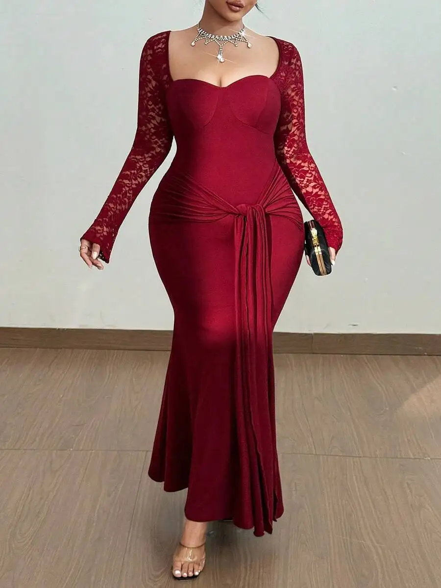 Burgundy Long Sleeve Lace Patchwork Ruched Mermaid Prom Dress For Women
Burgundy Long Sleeve Lace Patchwork Ruched Mermaid Prom Dress For Women