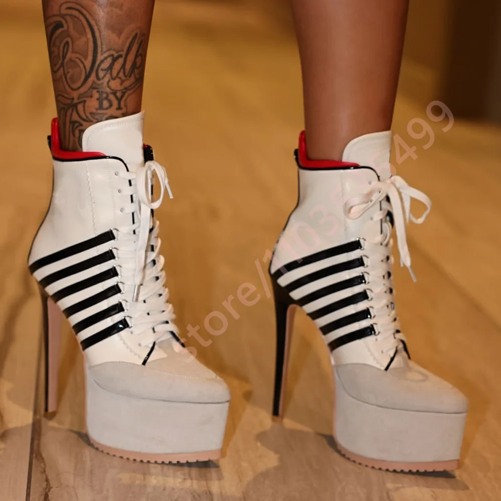 2026 New Stylish Women's White Platform High Heel Sneaker Boots Street Style Black Striped Lace Up Stiletto Ankle Booties
2026 New Stylish Women's White Platform High Heel Sneaker Boots Street Style Black Striped Lace Up Stiletto Ankle Booties