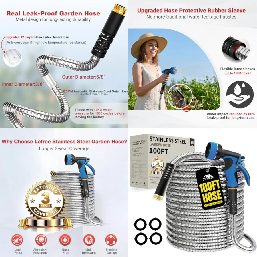 100Feet Metal Garden Hose - Heavy Duty 304 Stainless Steel Flexible Water Hose, No Kinks Leak-Proof with Upgraded Handle, 10-Fu
100Feet Metal Garden Hose - Heavy Duty 304 Stainless Steel Flexible Water Hose, No Kinks Leak-Proof with Upgraded Handle, 10-Fu