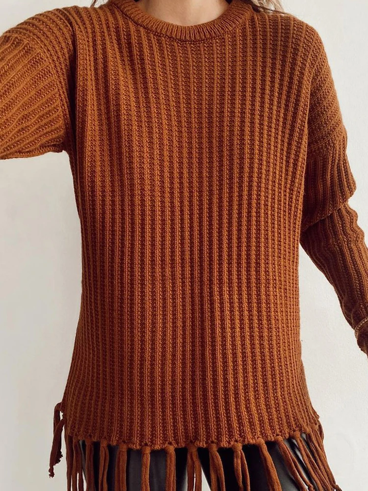 Винтажный однотонный вязаный пуловер с круглым вырезом, женский повседневный уличный утепленный свитер с кисточками, осенне-зимний свитер
Винтажный однотонный вязаный пуловер с круглым вырезом, женский повседневный уличный утепленный свитер с кисточками, осенне-зимний свитер