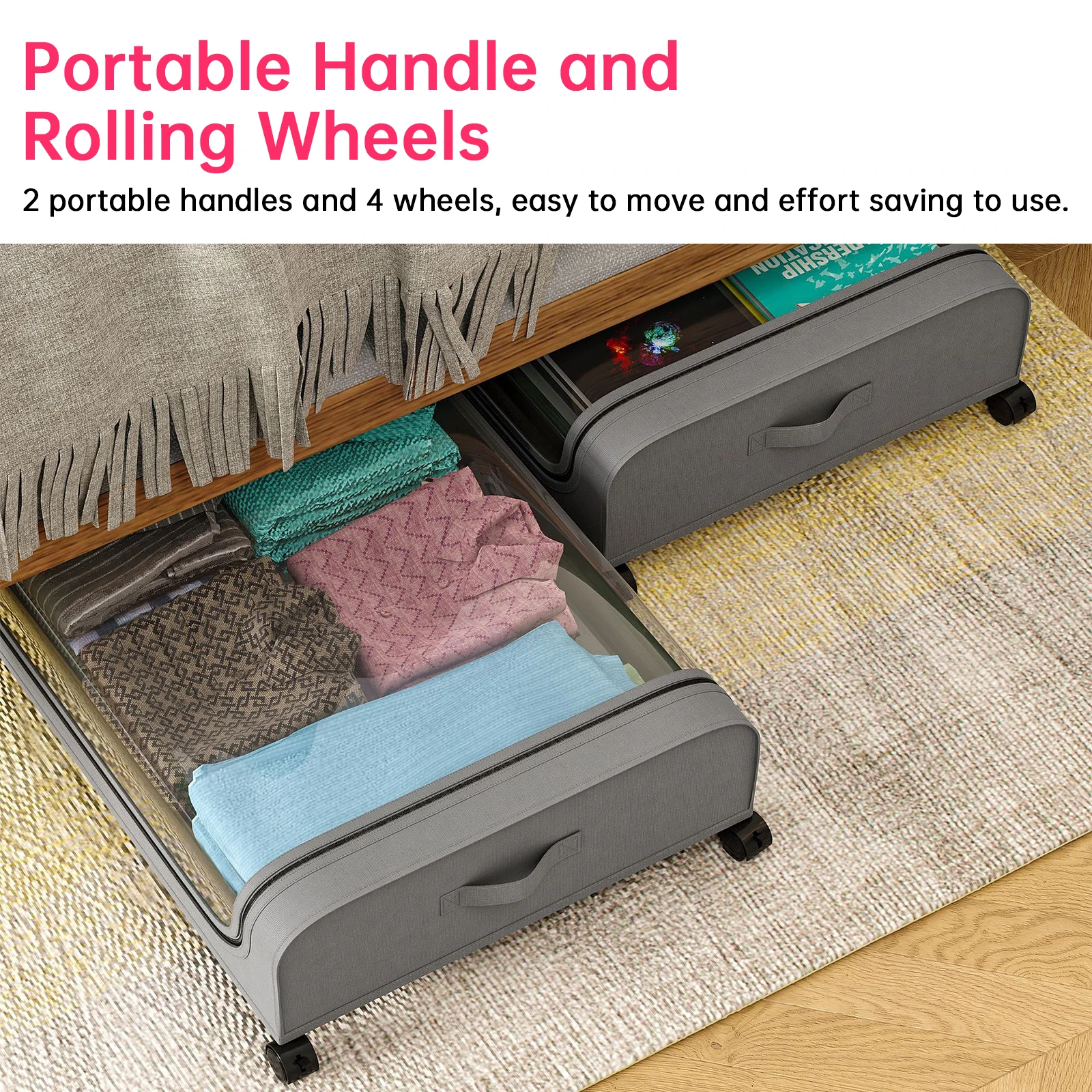 Portable Handle Dustproof Under Bed Storage Container with Lids and Wheels Multifunctional Home Dorm Clothes Storage
Portable Handle Dustproof Under Bed Storage Container with Lids and Wheels Multifunctional Home Dorm Clothes Storage