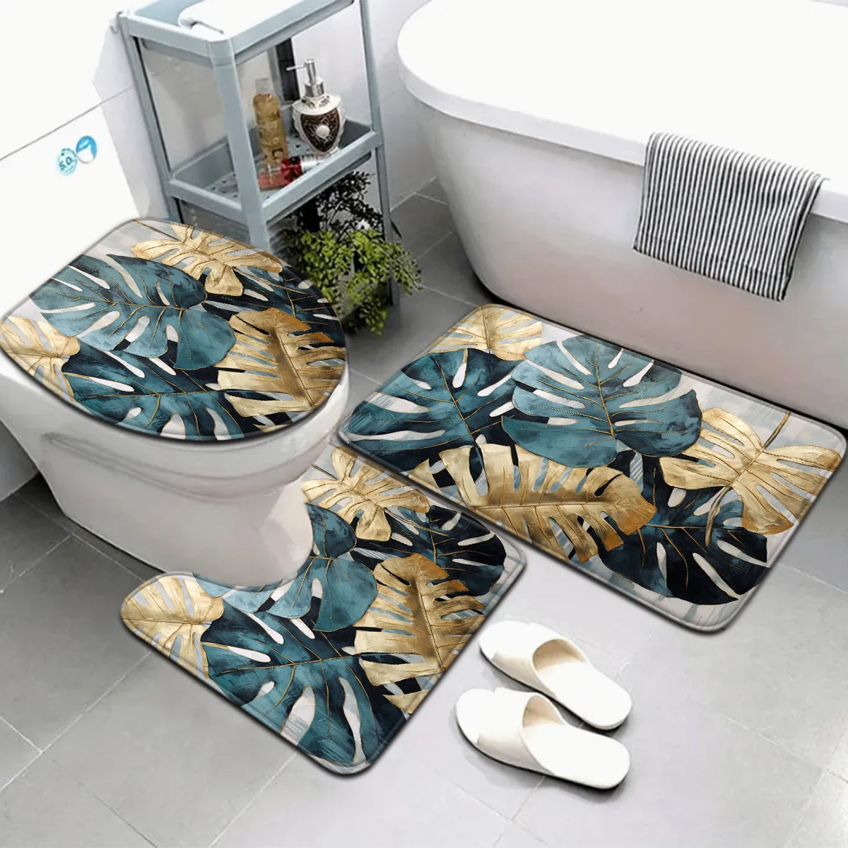 3pcs Monstera Leaf Bathroom Rug Set Non-Slip U-Shaped Mat and Toilet Lid Cover Teal Gold Tropical Theme Washable Floor Mats
3pcs Monstera Leaf Bathroom Rug Set Non-Slip U-Shaped Mat and Toilet Lid Cover Teal Gold Tropical Theme Washable Floor Mats