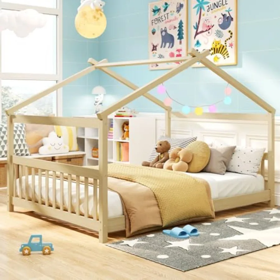 Size Floor Bed, Solid Wood Montessori House Bed with Roof, Headboard and Footboard, Low Bed Frame for Teens Girls Boys, No Box
Size Floor Bed, Solid Wood Montessori House Bed with Roof, Headboard and Footboard, Low Bed Frame for Teens Girls Boys, No Box