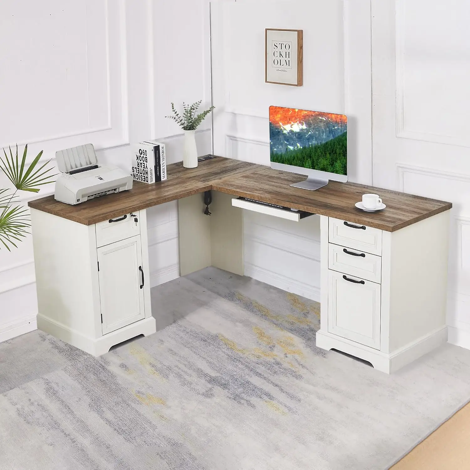 Угловой письменный стол в стиле фермерского дома 69 дюймов с зарядной станцией, выдвижной полкой для клавиатуры, запирающимися ящиками и шкафом для хранения, регулируемый, на заказ
Угловой письменный стол в стиле фермерского дома 69 дюймов с зарядной станцией, выдвижной полкой для клавиатуры, запирающимися ящиками и шкафом для хранения, регулируемый, на заказ