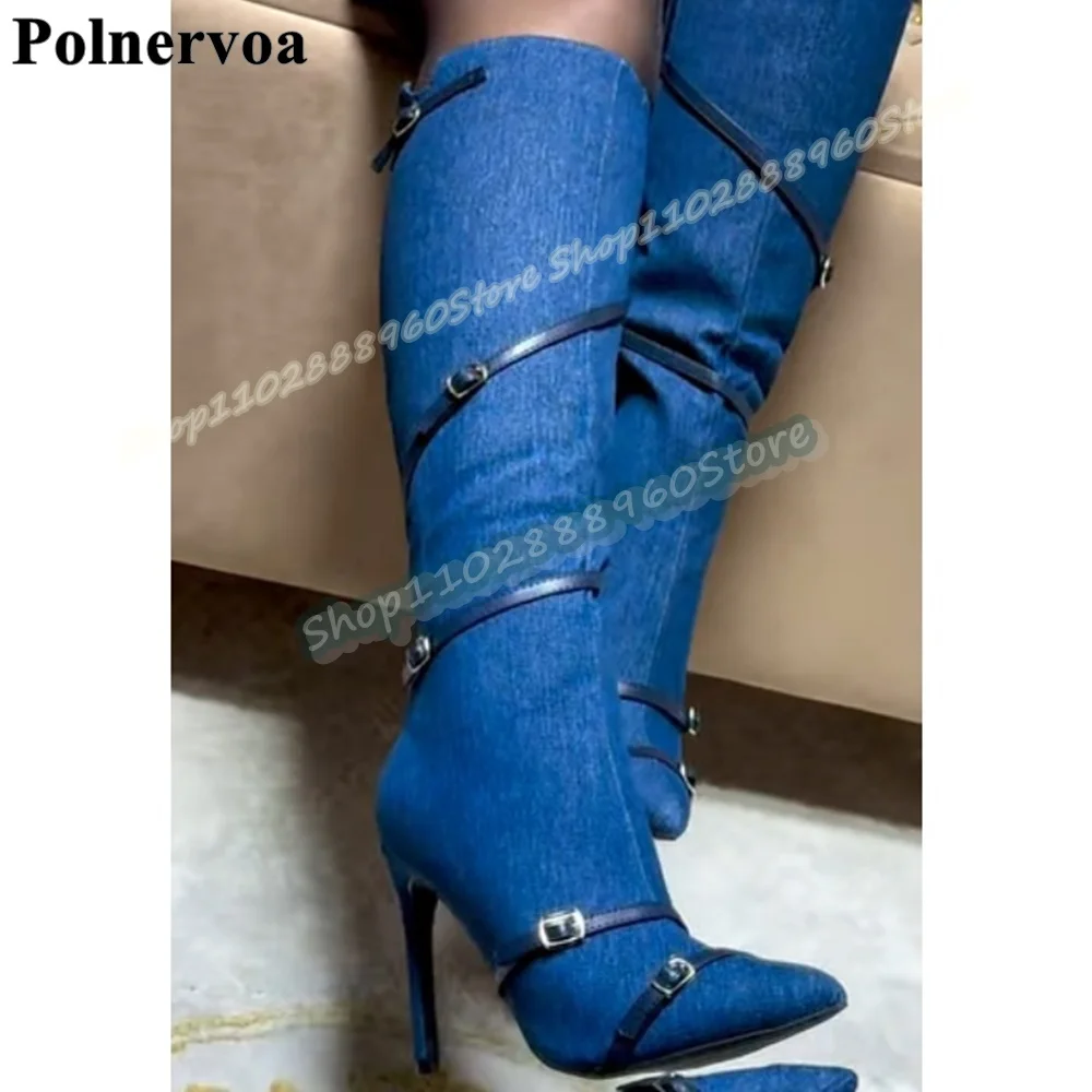 Knee High Blue Denim Buckle Strap Pointy Boots Thin High Heel Women Shoes Side Zipper Pointed Toe Casual Trending Women Boots
Knee High Blue Denim Buckle Strap Pointy Boots Thin High Heel Women Shoes Side Zipper Pointed Toe Casual Trending Women Boots