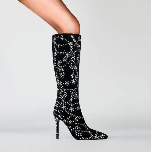 New Women Fashion Black Suede Crystal Rhinestone Floral Hand Made Pointed Toe Tube Slip On Thin Heels Knee High Long Boots Shoes
New Women Fashion Black Suede Crystal Rhinestone Floral Hand Made Pointed Toe Tube Slip On Thin Heels Knee High Long Boots Shoes