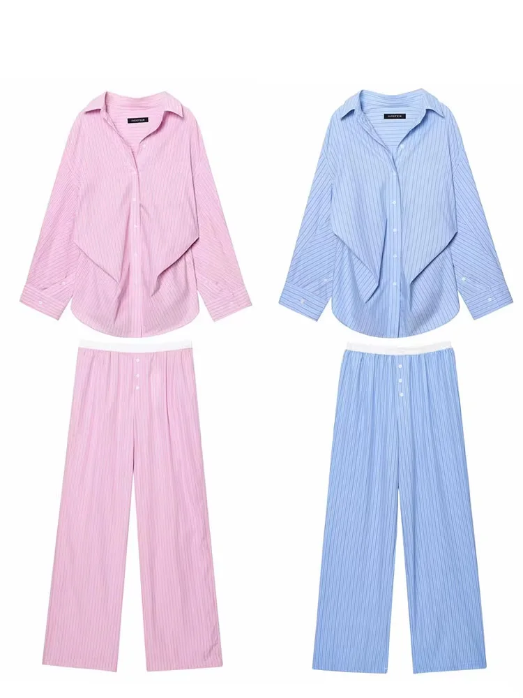 HH женские полосатые брюки, костюм с рукавами «летучая мышь», свободная рубашка из поплина + эластичный пояс с боковым карманом, трусики-боксеры, пижамный стиль, повседневные брюки 
HH женские полосатые брюки, костюм с рукавами «летучая мышь», свободная рубашка из поплина + эластичный пояс с боковым карманом, трусики-боксеры, пижамный стиль, повседневные брюки