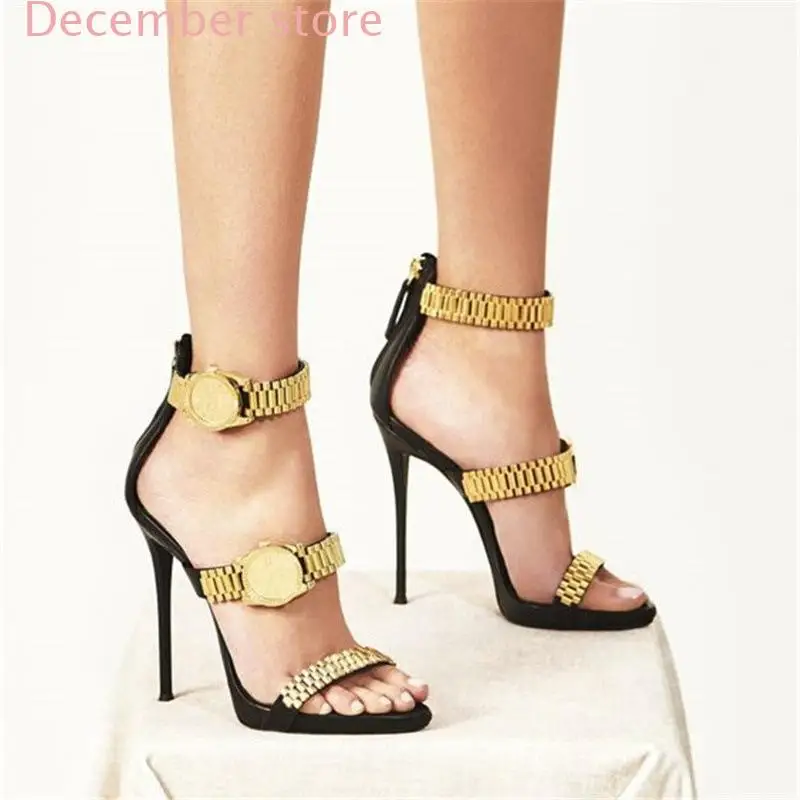 Luxury Gold Watch Studded High Heel Sandals Metal Chain Decor Gladiator Sandals Women Designer High Heels Party Shoes Woman
Luxury Gold Watch Studded High Heel Sandals Metal Chain Decor Gladiator Sandals Women Designer High Heels Party Shoes Woman