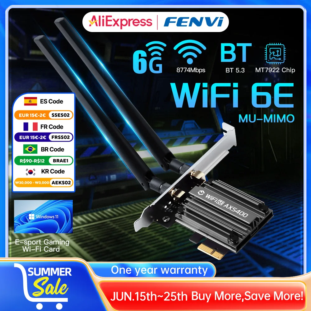 Беспроводной адаптер Fenvi 5374 Мбит/с Wi-Fi 6E PCIe Bluetooth 5,3 трехдиапазонная сетевая карта 6G/5G/2,4G MT7922 WiFi6 802.11ax для ПК
Беспроводной адаптер Fenvi 5374 Мбит/с Wi-Fi 6E PCIe Bluetooth 5,3 трехдиапазонная сетевая карта 6G/5G/2,4G MT7922 WiFi6 802.11ax для ПК