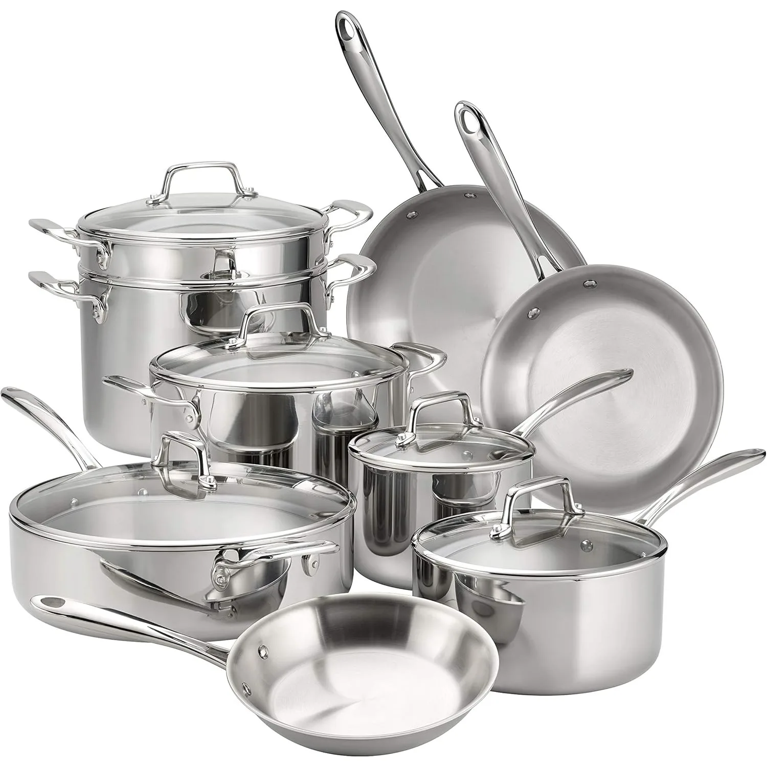 Tri-Ply Clad Stainless Steel 14-Piece Cookware Set with Glass Lids, Pots and Pans Kitchen Set, Induction-Ready, Dishwasher-Safe
Tri-Ply Clad Stainless Steel 14-Piece Cookware Set with Glass Lids, Pots and Pans Kitchen Set, Induction-Ready, Dishwasher-Safe