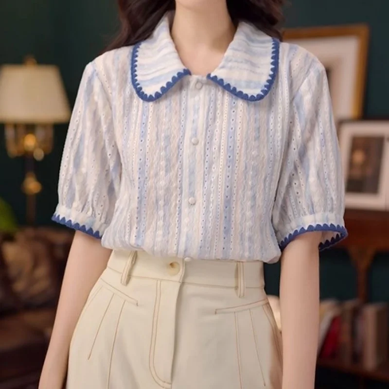 Spring And Summer New Striped Patchwork Color Turn-Down Collar Short Sleeve Women's Wear High Quality Single Breasted Shirt
Spring And Summer New Striped Patchwork Color Turn-Down Collar Short Sleeve Women's Wear High Quality Single Breasted Shirt