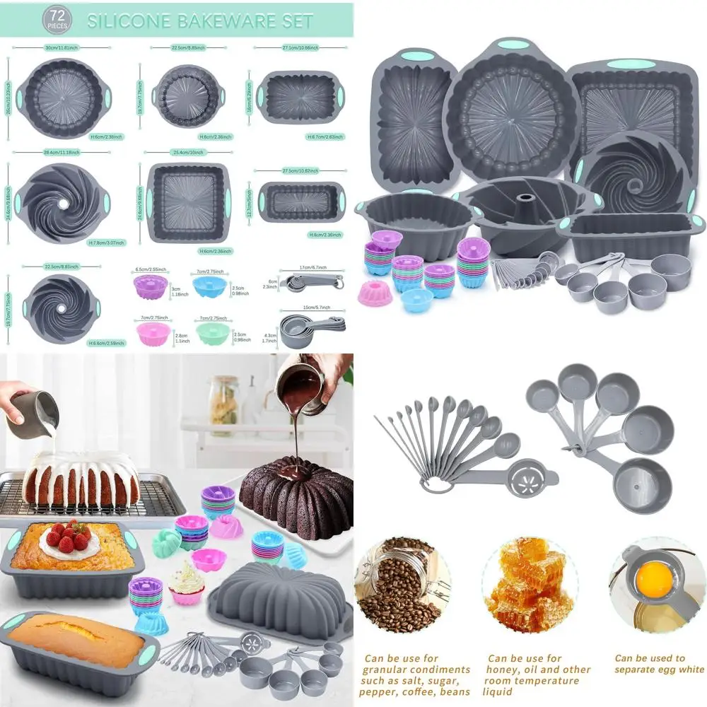 Серый силиконовый набор для выпечки: духовка с антипригарным покрытием из 72 предметов с формочками для торта, формами для хлеба, чашками для выпечки и измерительными инструментами.
Серый силиконовый набор для выпечки: духовка с антипригарным покрытием из 72 предметов с формочками для торта, формами для хлеба, чашками для выпечки и измерительными инструментами.