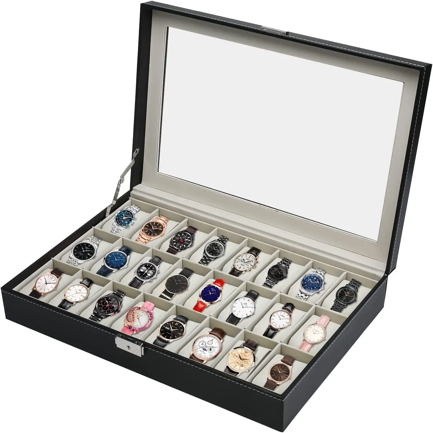 24 Slot Leather Watch Display Box with Removable Pillows for Storage and Collection
24 Slot Leather Watch Display Box with Removable Pillows for Storage and Collection