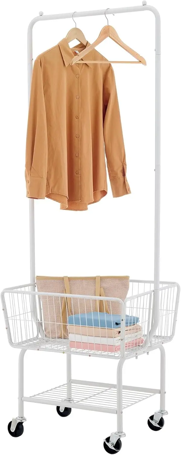 Metal Laundry Cart with Wheels, Hanging Rack, Storage Basket and Shelf in White
Metal Laundry Cart with Wheels, Hanging Rack, Storage Basket and Shelf in White