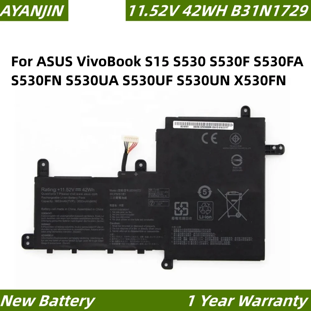 B31N1729 11.52V 42Wh/3653mAh Laptop Battery For ASUS VivoBook S15 S530 S530F S530FA S530FN S530UA S530UF S530UN X530FN Bater
B31N1729 11.52V 42Wh/3653mAh Laptop Battery For ASUS VivoBook S15 S530 S530F S530FA S530FN S530UA S530UF S530UN X530FN Bater