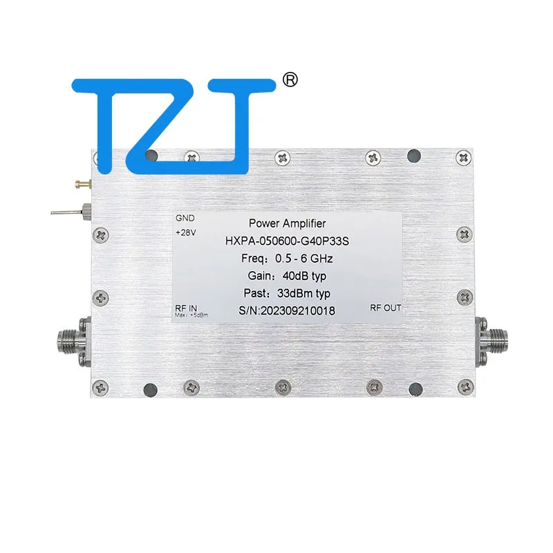 TZT HXPA-050600-G40P33S 0.5-6GHz 2W Power Amplifier Power Amp with 40dB Gain and Stainless Steel SMA
TZT HXPA-050600-G40P33S 0.5-6GHz 2W Power Amplifier Power Amp with 40dB Gain and Stainless Steel SMA