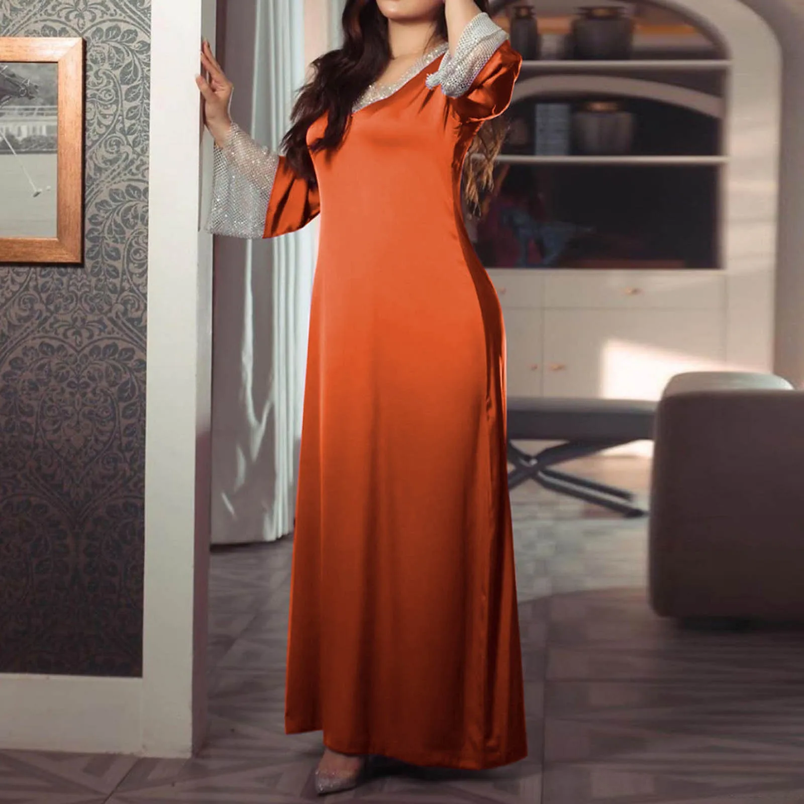 Muslim Women Summer Dress Soft Satin Rhinestones Beaded Mesh Stitching Brief Solid Gulf Abayas Elegant Moroccan Jalabiya Orange
Muslim Women Summer Dress Soft Satin Rhinestones Beaded Mesh Stitching Brief Solid Gulf Abayas Elegant Moroccan Jalabiya Orange
