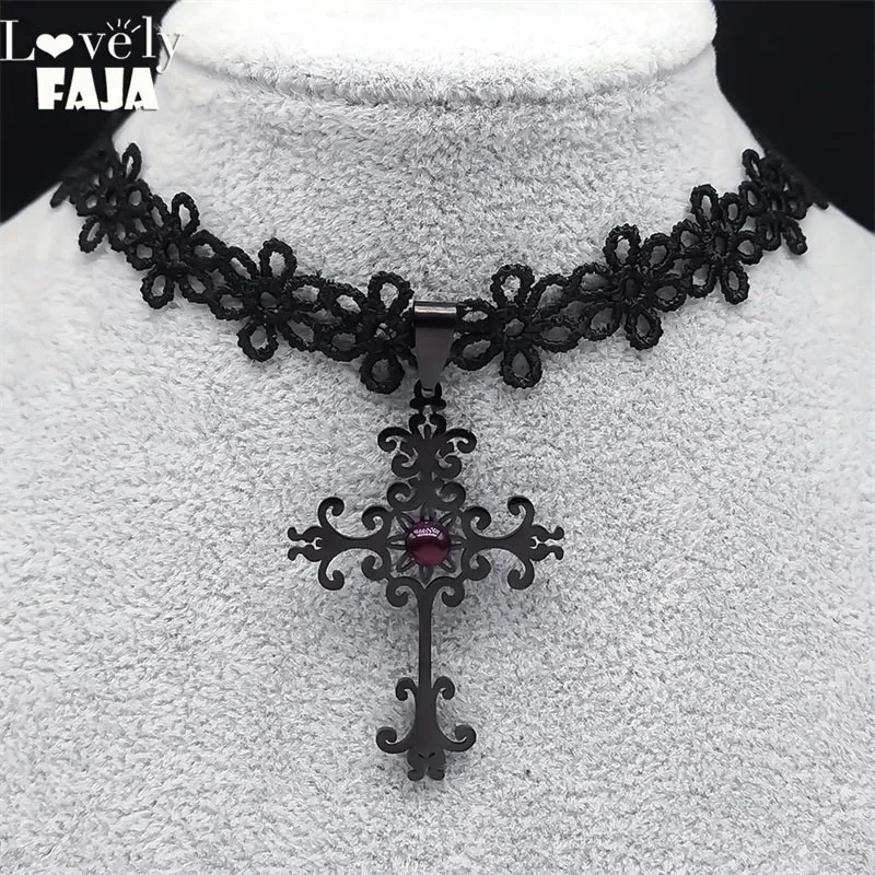 Victorian Gothic Black Lace Cross Necklace Women Men Stainless Steel Red Stone Choker Necklaces Dark Loli Style Jewelry N8590S03
Victorian Gothic Black Lace Cross Necklace Women Men Stainless Steel Red Stone Choker Necklaces Dark Loli Style Jewelry N8590S03