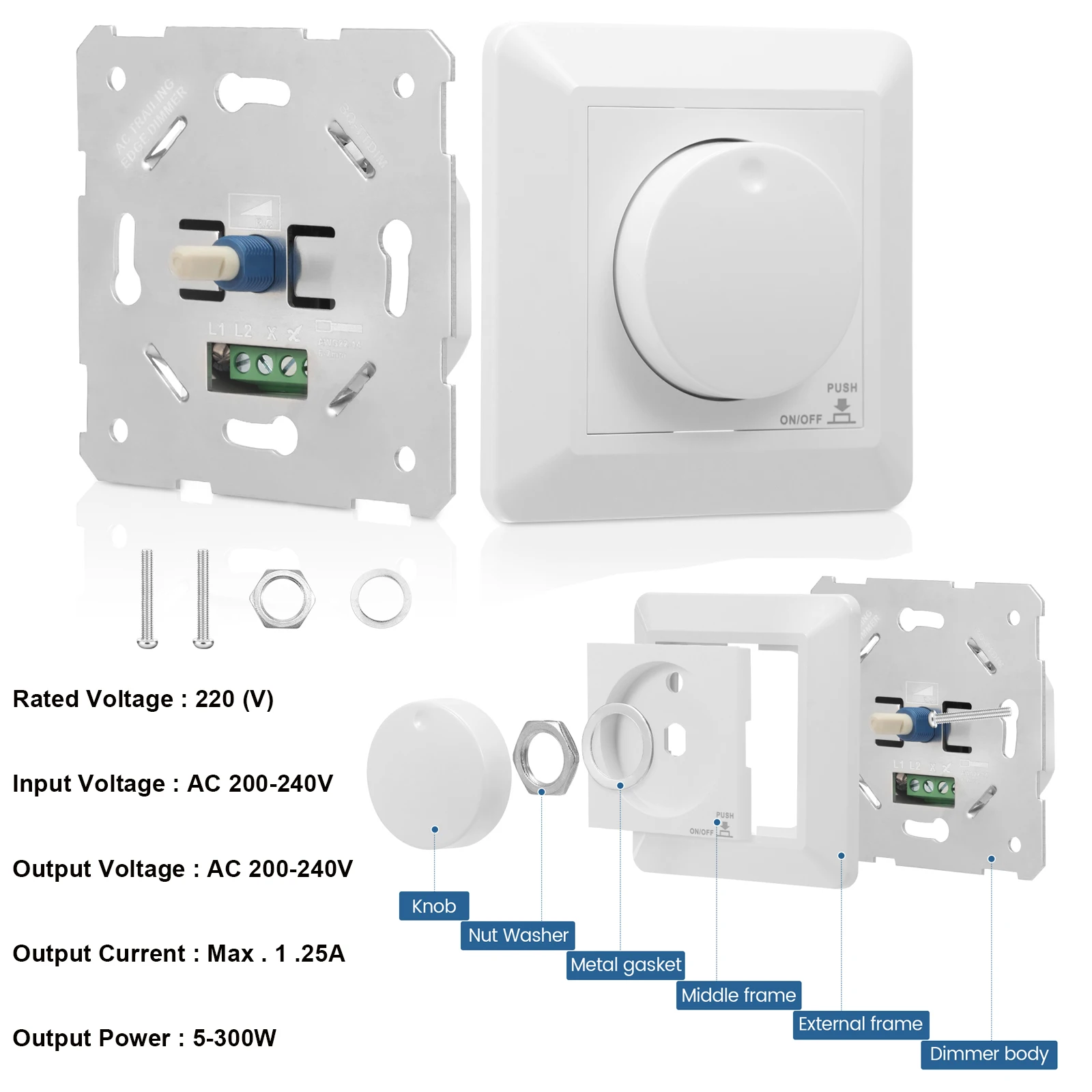 Поворотный диммер для светодиодов с регулируемой яркостью 5–300 Вт, CFL и лампочек накаливания. Внизный выключатель света с белой крышкой.
Поворотный диммер для светодиодов с регулируемой яркостью 5–300 Вт, CFL и лампочек накаливания. Внизный выключатель света с белой крышкой.