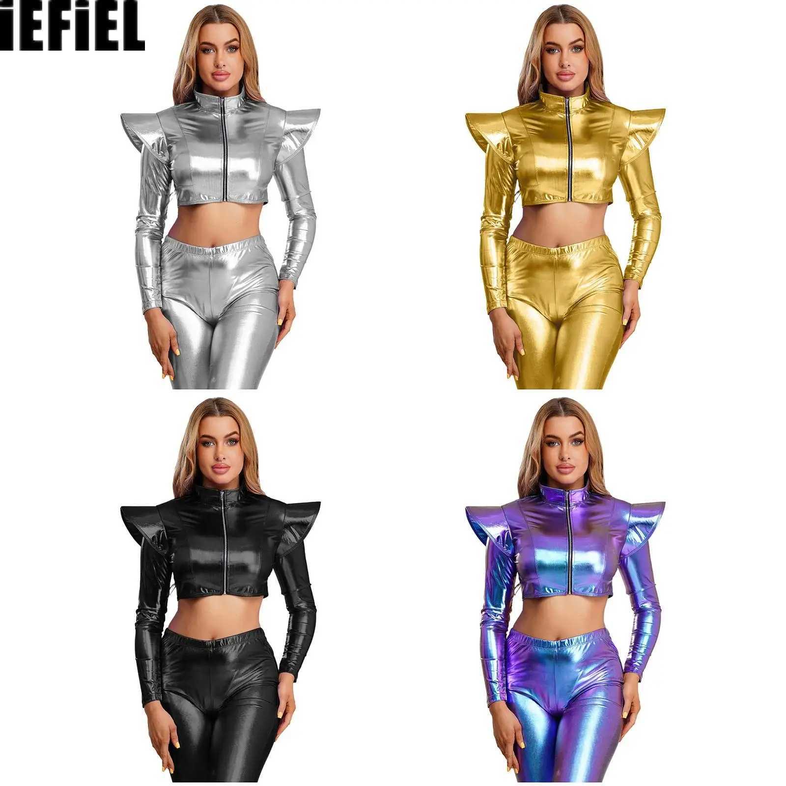 Womens Iridescent Metallic Jacket Long Sleeve with Structured Shoulder Boards Stand Collar Zipper Crop Top for Club Party
Womens Iridescent Metallic Jacket Long Sleeve with Structured Shoulder Boards Stand Collar Zipper Crop Top for Club Party