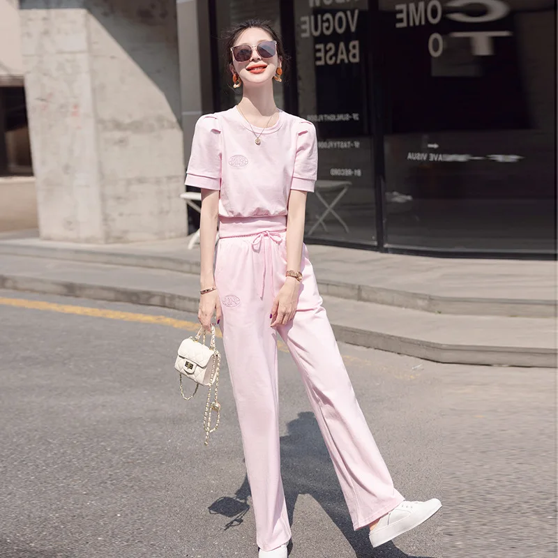 Cotton Summer Sports Set for Women's 2023 New Fashion High Waist Short Sleeve T shirts Wide Leg Pants Two Piece Sets
Cotton Summer Sports Set for Women's 2023 New Fashion High Waist Short Sleeve T shirts Wide Leg Pants Two Piece Sets
