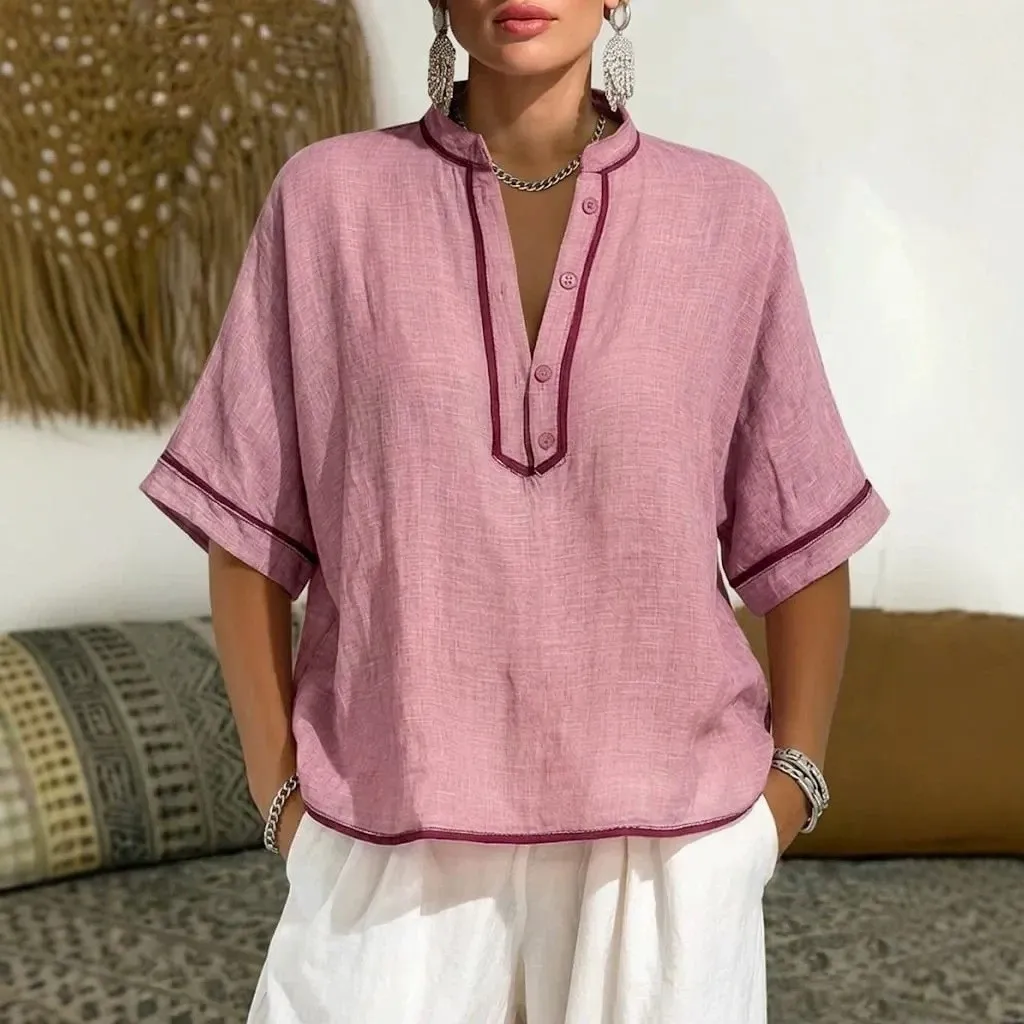 Women's Blouse Casual Linen Woven Cap Sleeve Blouses V Neck Button Front Solid Color Shirt Loose Fit Mandarin Collar Top
Women's Blouse Casual Linen Woven Cap Sleeve Blouses V Neck Button Front Solid Color Shirt Loose Fit Mandarin Collar Top