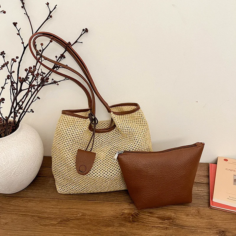 Summer Retro Straw Woven Shoulder Bags for Women Korean Simple Ladies Beach Bucket Bag Travel Portable 2pcs Set Handbag Tote
Summer Retro Straw Woven Shoulder Bags for Women Korean Simple Ladies Beach Bucket Bag Travel Portable 2pcs Set Handbag Tote
