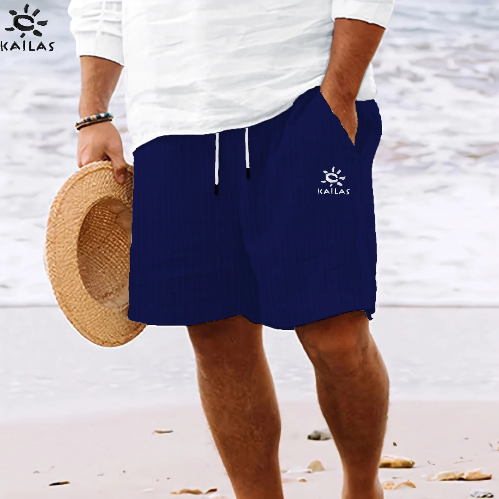 New cotton and linen shorts with multiple pockets, men's striped beach pants with drawstring
New cotton and linen shorts with multiple pockets, men's striped beach pants with drawstring
