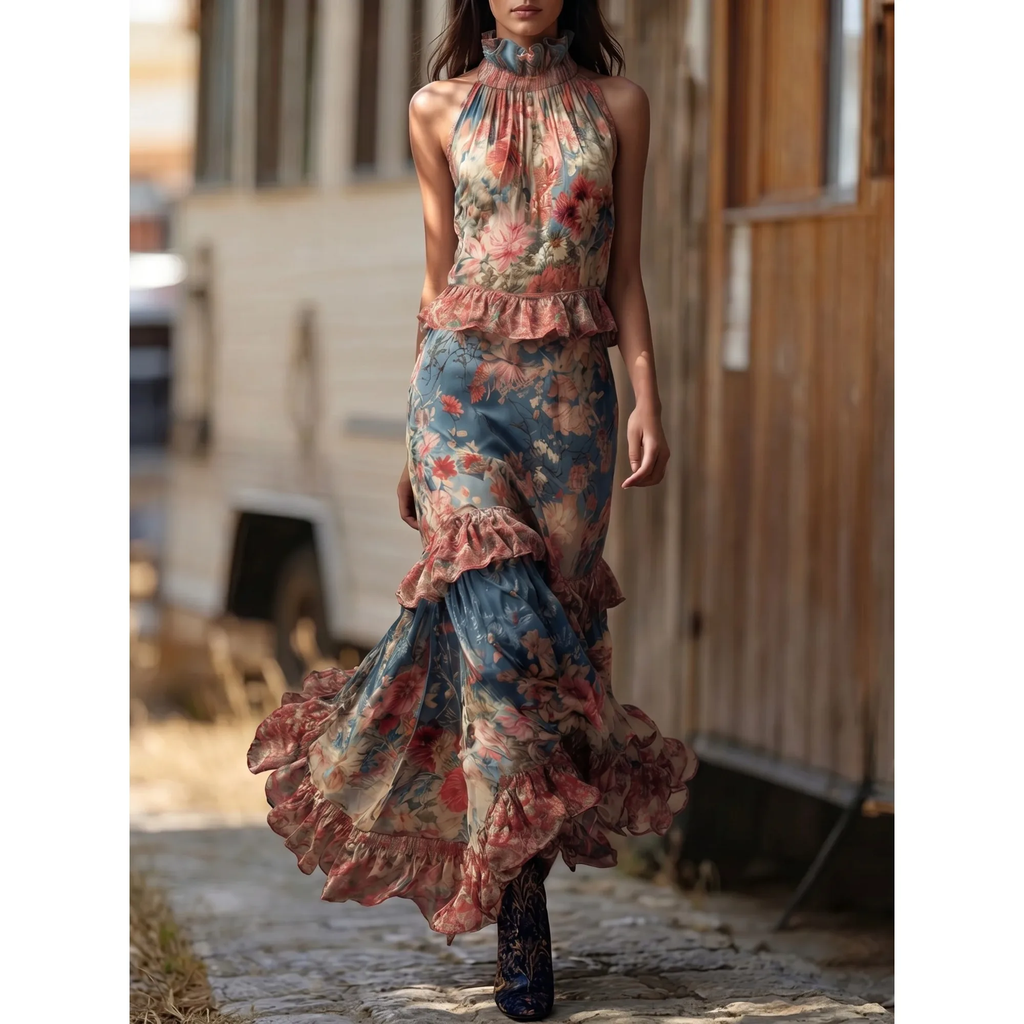 Floral Print Halter Neck Ruffled Top + Maxi Skirt Two Piece Set Bohemian Vacation Outfit
Floral Print Halter Neck Ruffled Top + Maxi Skirt Two Piece Set Bohemian Vacation Outfit