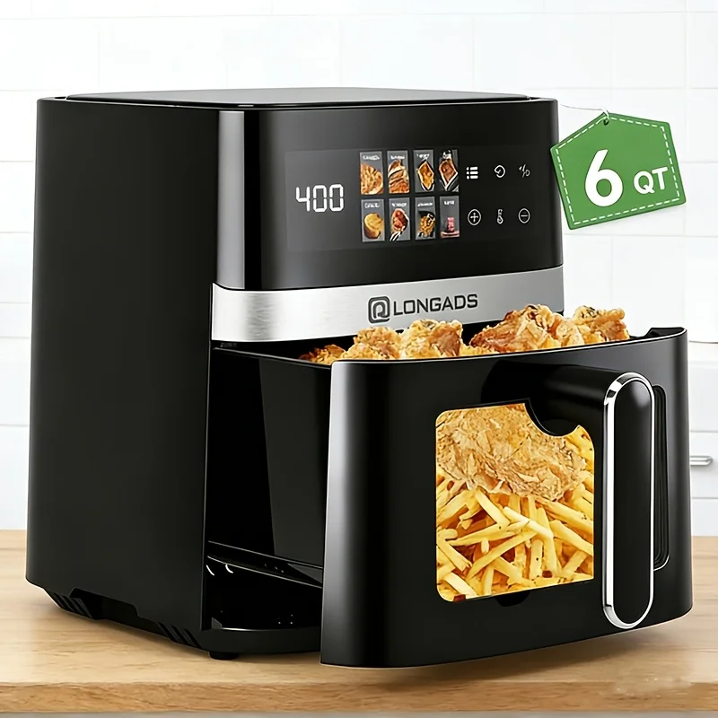 6-Quart Air Fryer - 8-In-1 Electric Hot Air Oven with LED Touchscreen, Non-Stick Fry Basket, And 1350-Watt Power. This Large-Capacity Air Fryer Features 360° Hot Air Circulation, a Clear Touchscreen, And Integrated Heat-Insulated Handles. Black
6-Quart Air Fryer - 8-In-1 Electric Hot Air Oven with LED Touchscreen, Non-Stick Fry Basket, And 1350-Watt Power. This Large-Capacity Air Fryer Features 360° Hot Air Circulation, a Clear Touchscreen, And Integrated Heat-Insulated Handles. Black