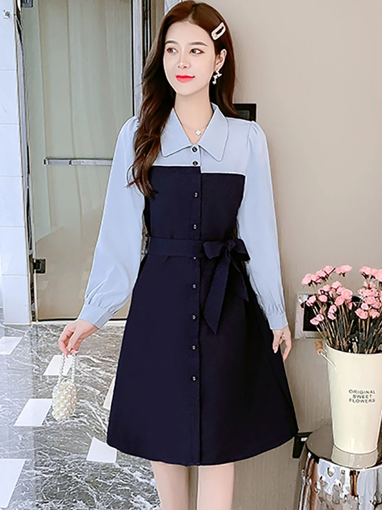 2025 Blue Patchwork Polo Collar Shirt Dress Women Elegant Bodycon Bow Bandage Prom Dress Autumn Winter Korean Chic Casual Dress
2025 Blue Patchwork Polo Collar Shirt Dress Women Elegant Bodycon Bow Bandage Prom Dress Autumn Winter Korean Chic Casual Dress
