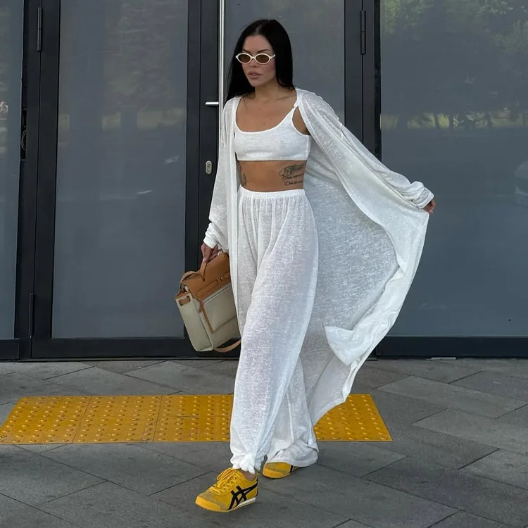 Fashion Loose White 3 Pieces Set Woman 2026 Elegant Long Sleeve Robes + Crop Top With High Waist Wide Pants Set Female
Fashion Loose White 3 Pieces Set Woman 2026 Elegant Long Sleeve Robes + Crop Top With High Waist Wide Pants Set Female