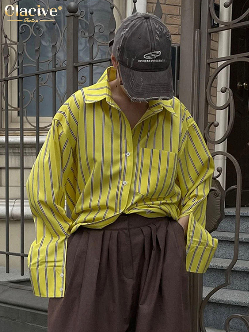 Clacive Fashion Loose Stripe Print Woman Blouses 2025 Spring Lapel Long Sleeve Shirt Elegant Classic Pockets Top Female Clothing 
Clacive Fashion Loose Stripe Print Woman Blouses 2025 Spring Lapel Long Sleeve Shirt Elegant Classic Pockets Top Female Clothing