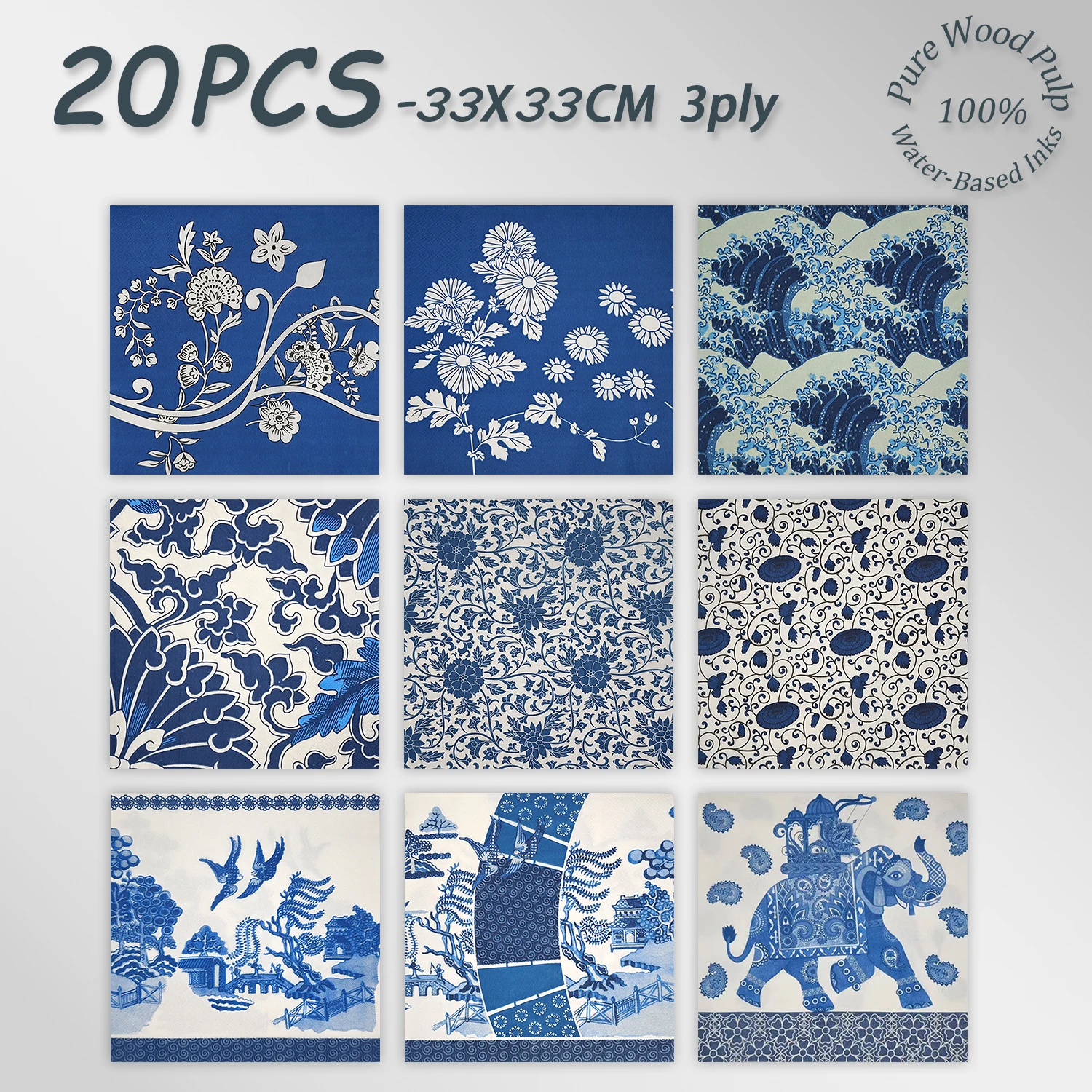 20PCS Oriental Blue Art Porcelain Ukiyo-e Floral Elephant Landscape Decorative Paper Napkins 33x33cm 3Ply Disposable paper
20PCS Oriental Blue Art Porcelain Ukiyo-e Floral Elephant Landscape Decorative Paper Napkins 33x33cm 3Ply Disposable paper