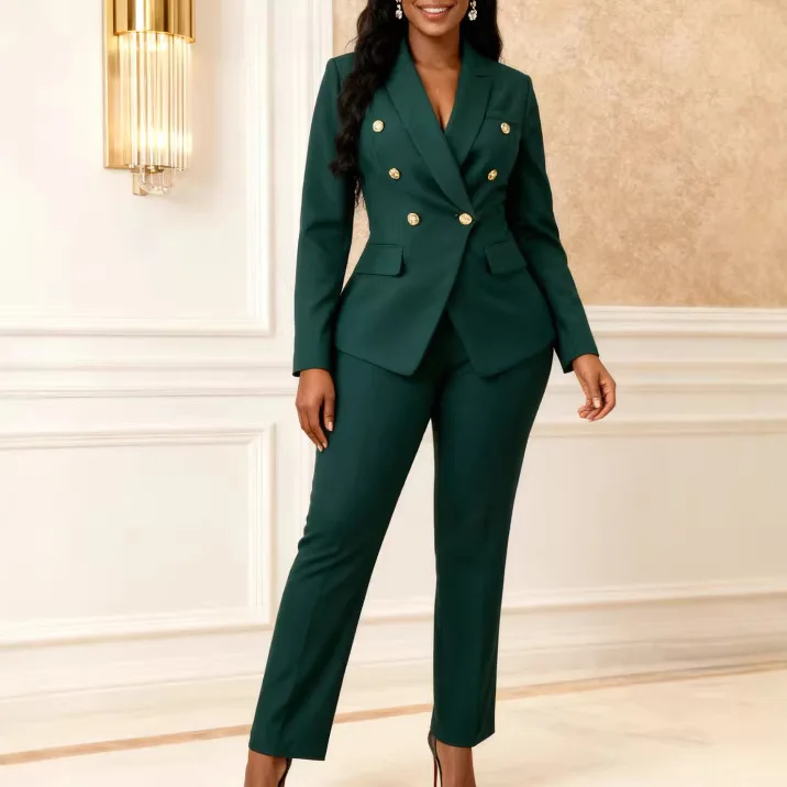 Dark Green Double-breasted Suit With Gold Buttons, Slim-fit Blazer Paired With Straight-leg Trousers, Stylish Two-piece Set For
Dark Green Double-breasted Suit With Gold Buttons, Slim-fit Blazer Paired With Straight-leg Trousers, Stylish Two-piece Set For