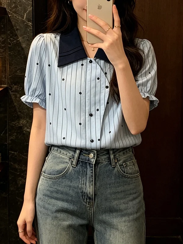 plus Size Women's Fashionable Striped Polka Dot Shirt Korean Style Summer New Arrival Slimming Top Asymmetrical Design
plus Size Women's Fashionable Striped Polka Dot Shirt Korean Style Summer New Arrival Slimming Top Asymmetrical Design