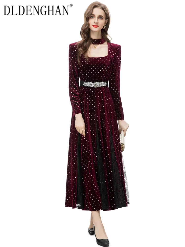 DLDENGHAN Autumn Dot Velvet Dress Women Square Colla Long Sleeve Crystal Belt Lace Patchwork Vintage Party Dress Fashion New
DLDENGHAN Autumn Dot Velvet Dress Women Square Colla Long Sleeve Crystal Belt Lace Patchwork Vintage Party Dress Fashion New