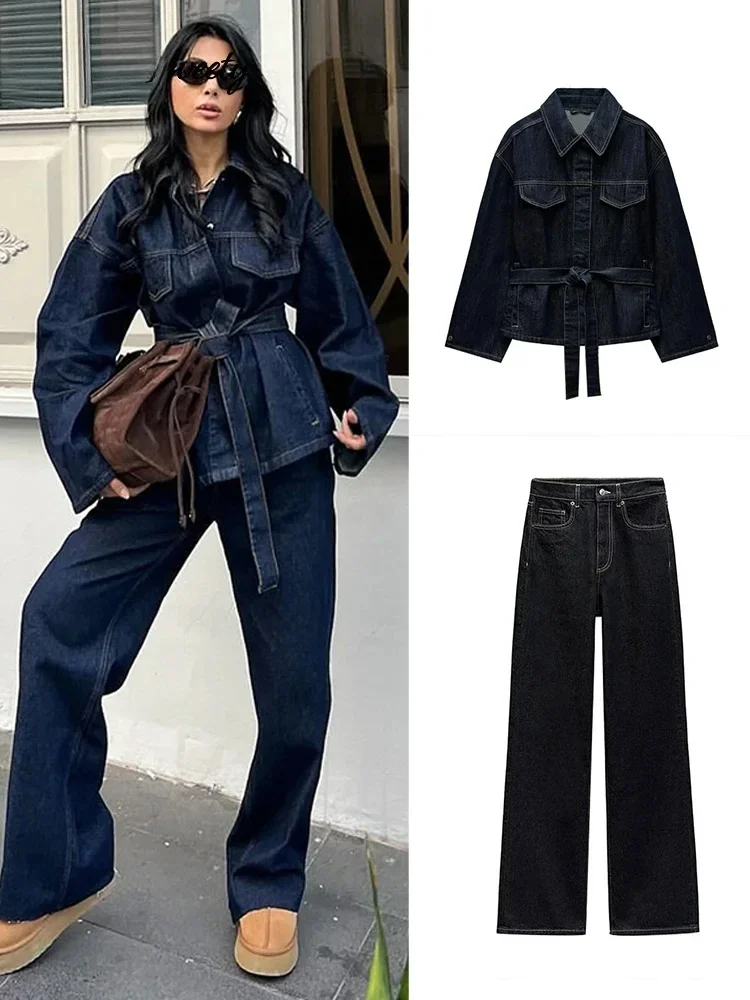 Fashion Denim Pants 2 Pieces Set For Women Belt Lapel Single Breasted Jacket High Waist Straight Trousers 2025 Spring Loose Suit
Fashion Denim Pants 2 Pieces Set For Women Belt Lapel Single Breasted Jacket High Waist Straight Trousers 2025 Spring Loose Suit