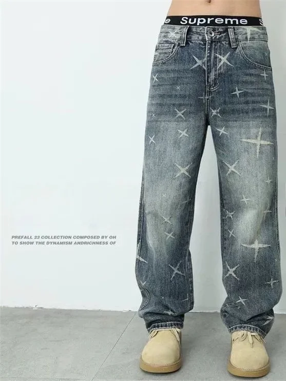 Retro Star Print Men's Jeans Loose Straight Leg Denim Pants Digital Printing Water Washed High Street Style Autumn New Arrival
Retro Star Print Men's Jeans Loose Straight Leg Denim Pants Digital Printing Water Washed High Street Style Autumn New Arrival
