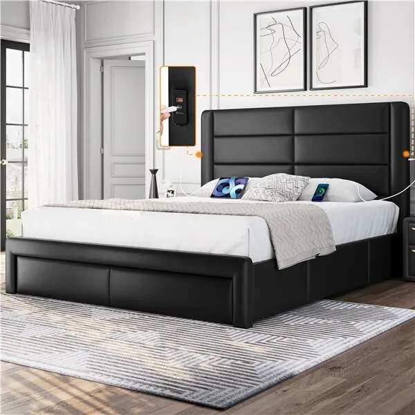 Queen Upholstered Bed Frame with Storage Drawers and Built-In USB Ports
Queen Upholstered Bed Frame with Storage Drawers and Built-In USB Ports