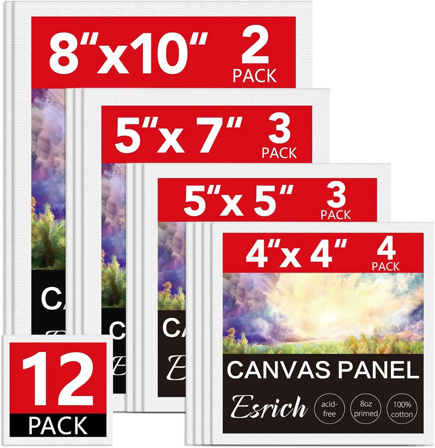 12 Pack Canvas Boards for Painting - 4x4, 5x5, 5x7, 8x10 - Cotton Primed Canvases for Acrylic, Oil, Gouache & Tempera
12 Pack Canvas Boards for Painting - 4x4, 5x5, 5x7, 8x10 - Cotton Primed Canvases for Acrylic, Oil, Gouache & Tempera