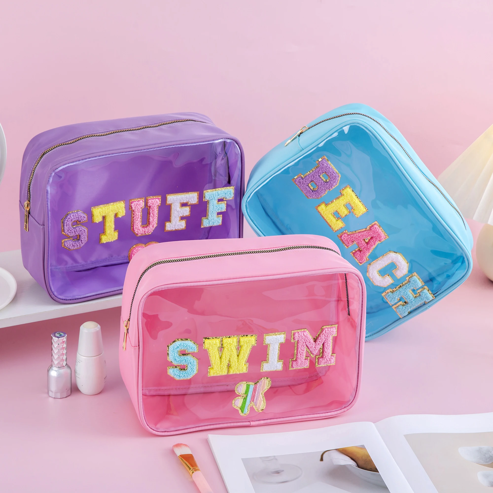 Women Large Capacity Waterproof Chenille Patches Clear PVC SWIM STUFF Makeup Bag Cosmetic Zipper Pouch Beach Travel Toiletry
Women Large Capacity Waterproof Chenille Patches Clear PVC SWIM STUFF Makeup Bag Cosmetic Zipper Pouch Beach Travel Toiletry