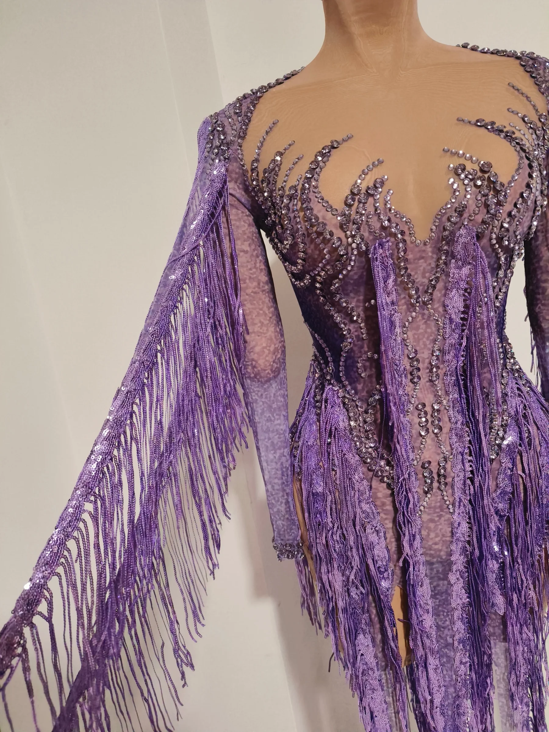 Chaomian Purple Rhinestone Embellished Nude Mesh Long Sleeve Bodysuit with Flowing Fringe Tassels for Drag Queen Performances
Chaomian Purple Rhinestone Embellished Nude Mesh Long Sleeve Bodysuit with Flowing Fringe Tassels for Drag Queen Performances
