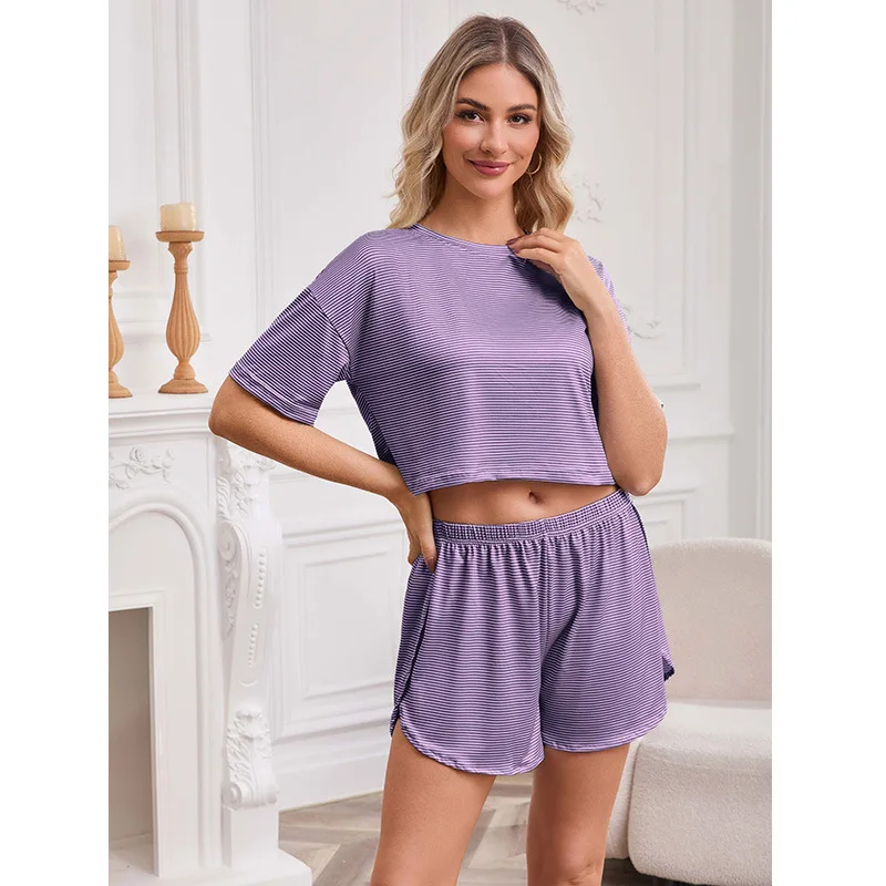 Women's Sleepwear Spring New Knitted Crew Neck Long Sleeve Shorts Pajamas Two-piece Striped Breathable Women's Loungewear
Women's Sleepwear Spring New Knitted Crew Neck Long Sleeve Shorts Pajamas Two-piece Striped Breathable Women's Loungewear
