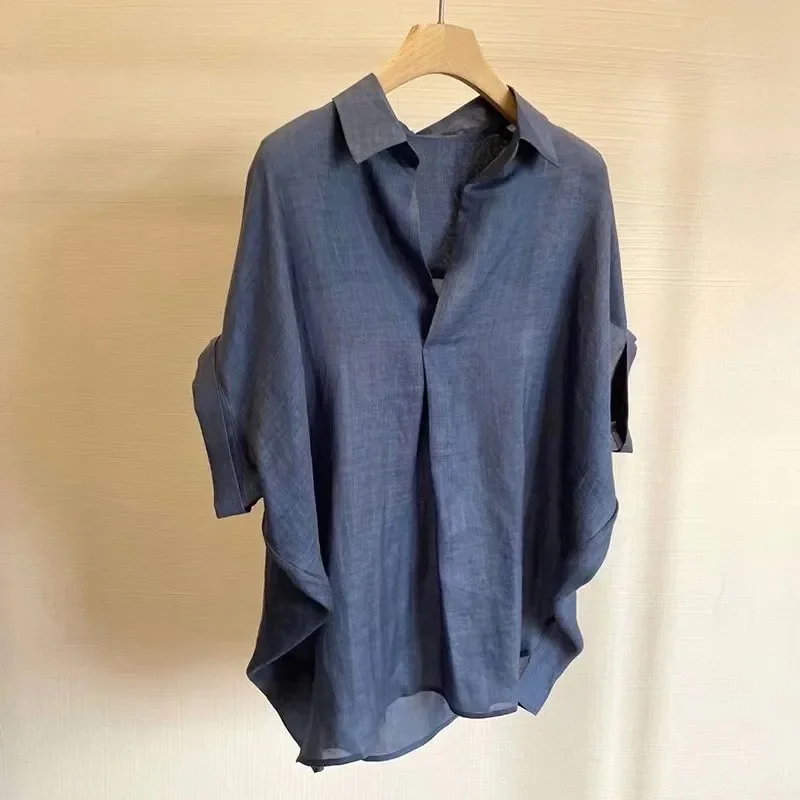 Women Summer Loose Ramie Shirt Thin High End Minimalist Short Sleeve Collared Blouse
Women Summer Loose Ramie Shirt Thin High End Minimalist Short Sleeve Collared Blouse