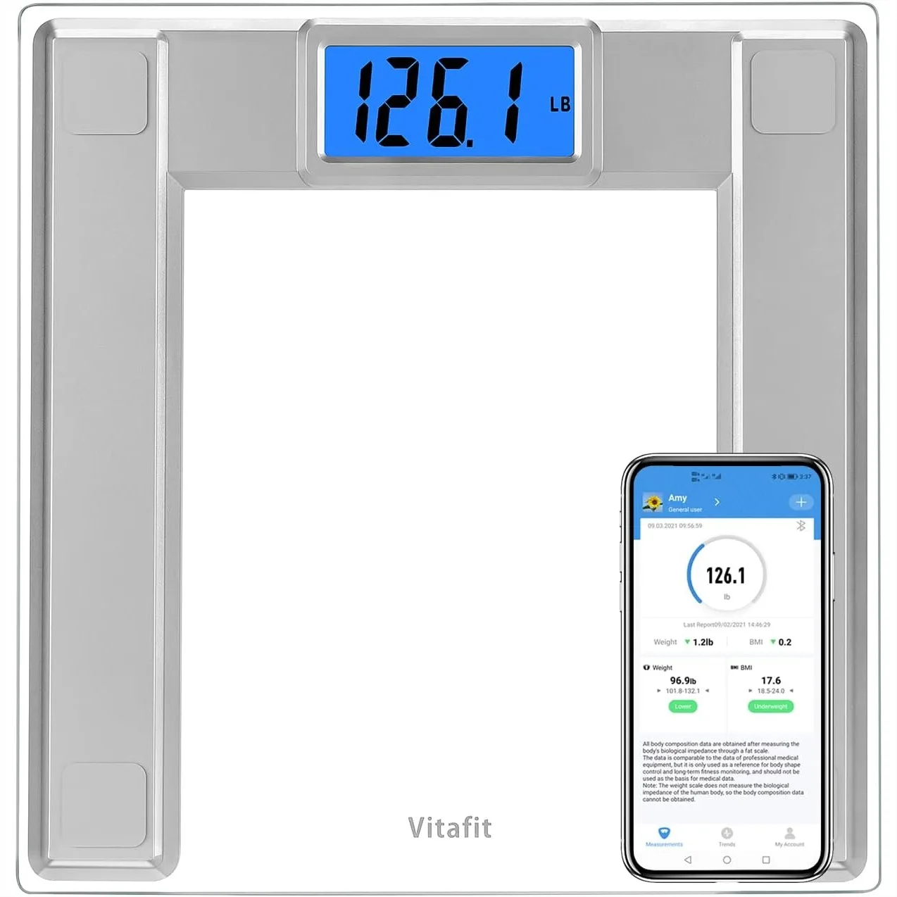 Digital Bathroom Scale 550lb for Body Weight and BMI via Smart APP, High Accuracy, 8mm Tempered Glass, Blue Backlit LCD
Digital Bathroom Scale 550lb for Body Weight and BMI via Smart APP, High Accuracy, 8mm Tempered Glass, Blue Backlit LCD